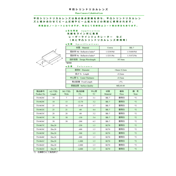 平凹シリンドリカルレンズ Plano Concave Cylindrical Lens