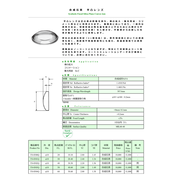 合成石英　平凸レンズ Synthetic Fused Silica Plano Convex lens