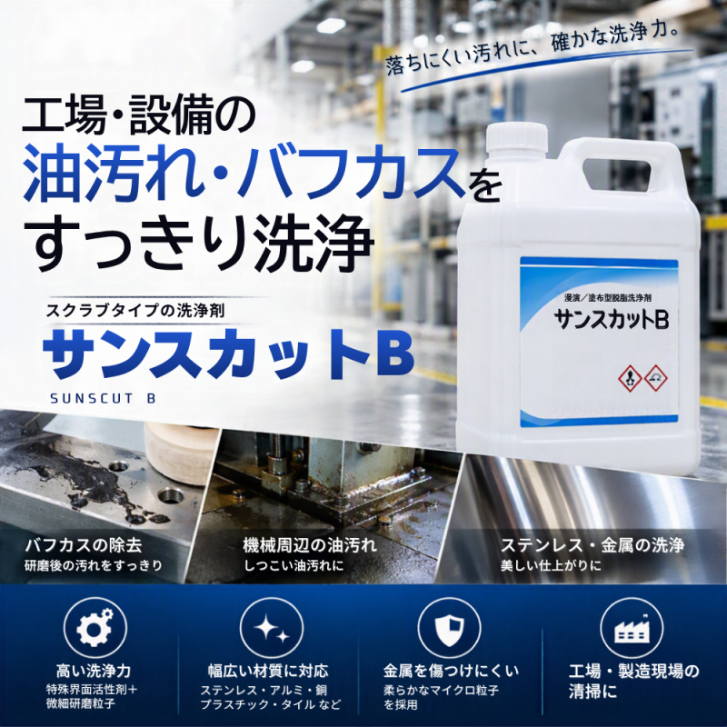 落ちにくい油汚れに。工場・設備の清掃を変える│サンスカットB